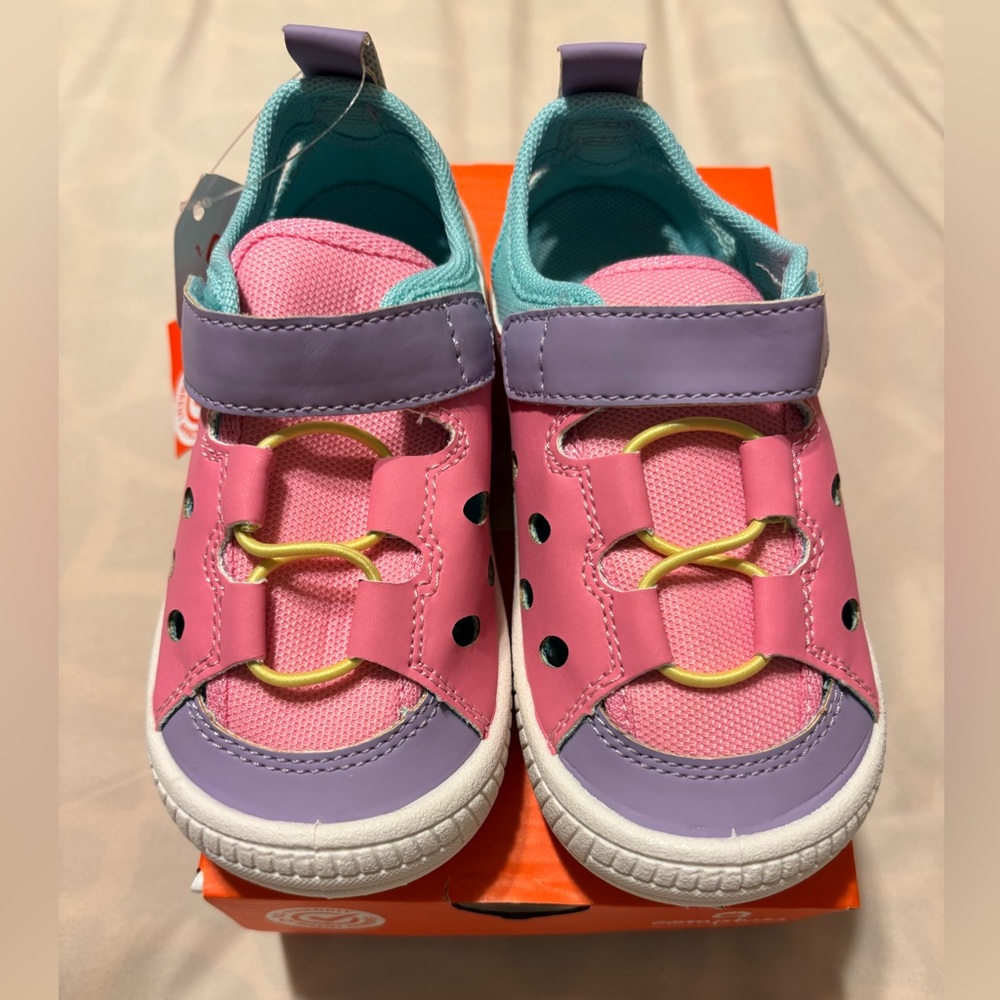 Kids Oomphies Lagoon  Pink & Purple Kids Velcro Sandals with Yellow Accent